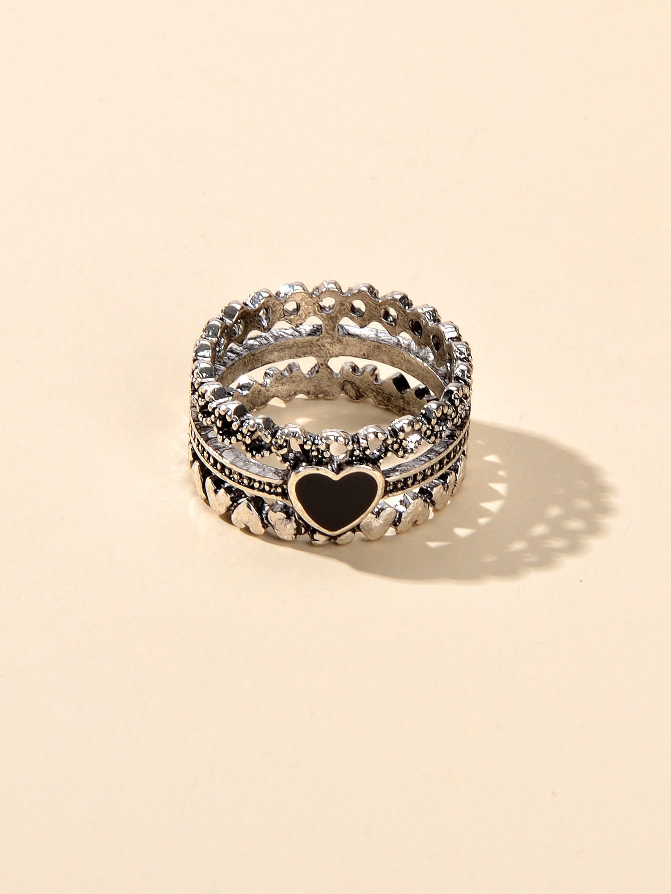 Vintage Antique Silver Black Enamel Love Heart Oxidized Intricate Stackable Ring