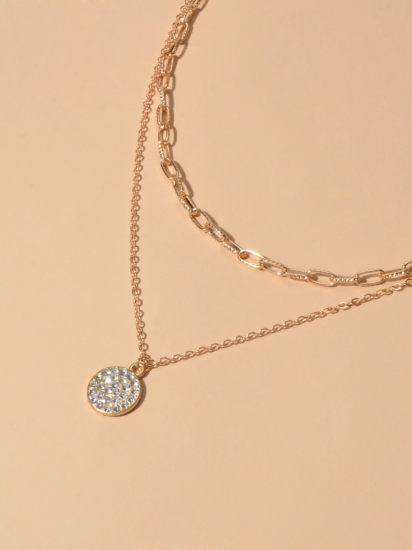 Female Jewellery Double layer Paperclip Gold Silver Chain Round Pendant Necklace-3