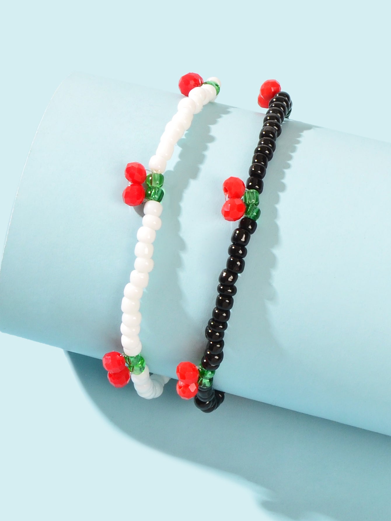 Boho 2 pcs Stackable White Black Seed Beads Stretch Elastic Red Cherry Bracelets-3
