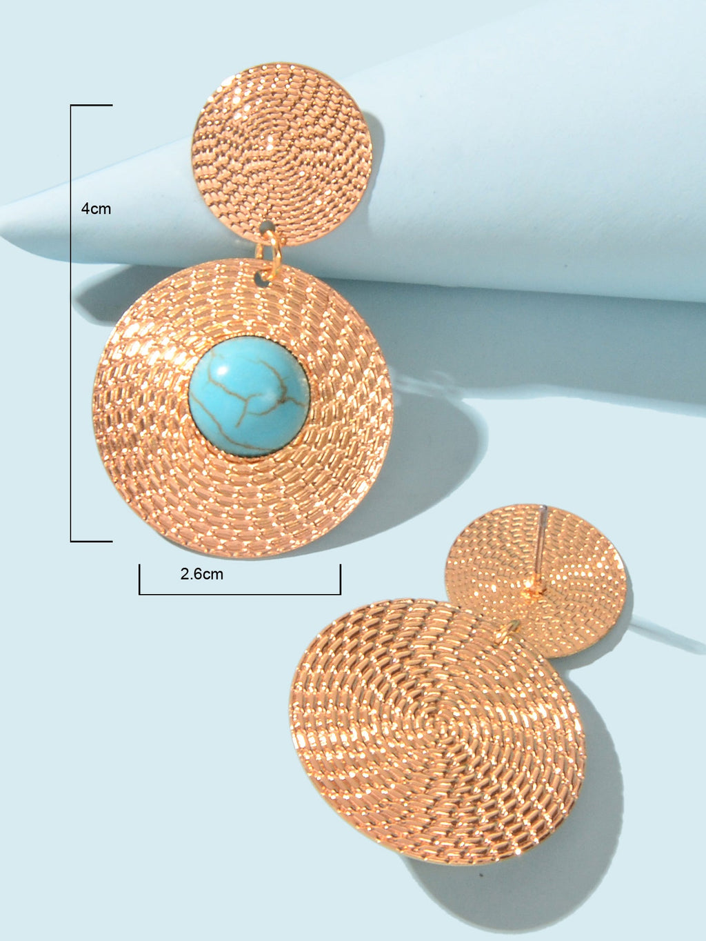 Bohemian Ethnic Style Turquoise Gold Round Disc Big Statement Vacation Earrings-3