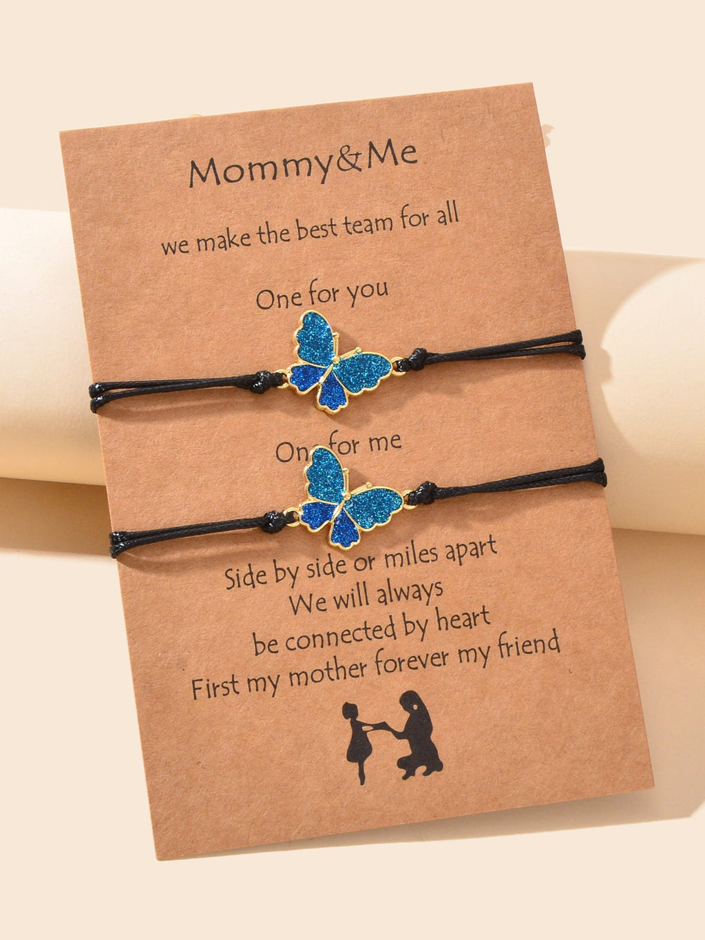 2 pcs Adjustable Black Rope Blue Butterfly Pendant Bracelet Mother's Day Gift-3