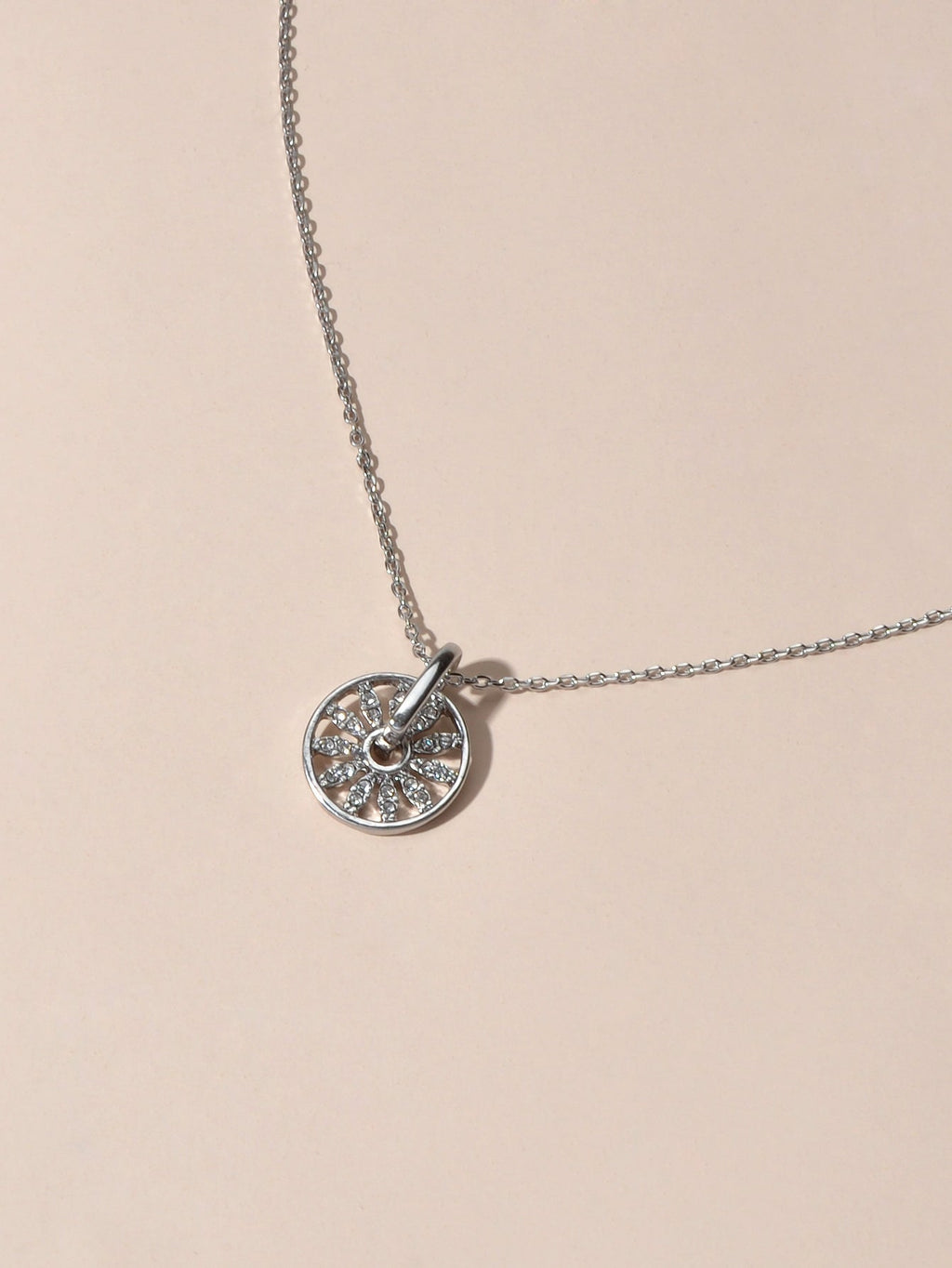 Textured Jewellery Rhinestone Decor Silver Chain Round Wheel Charm Girl Necklace