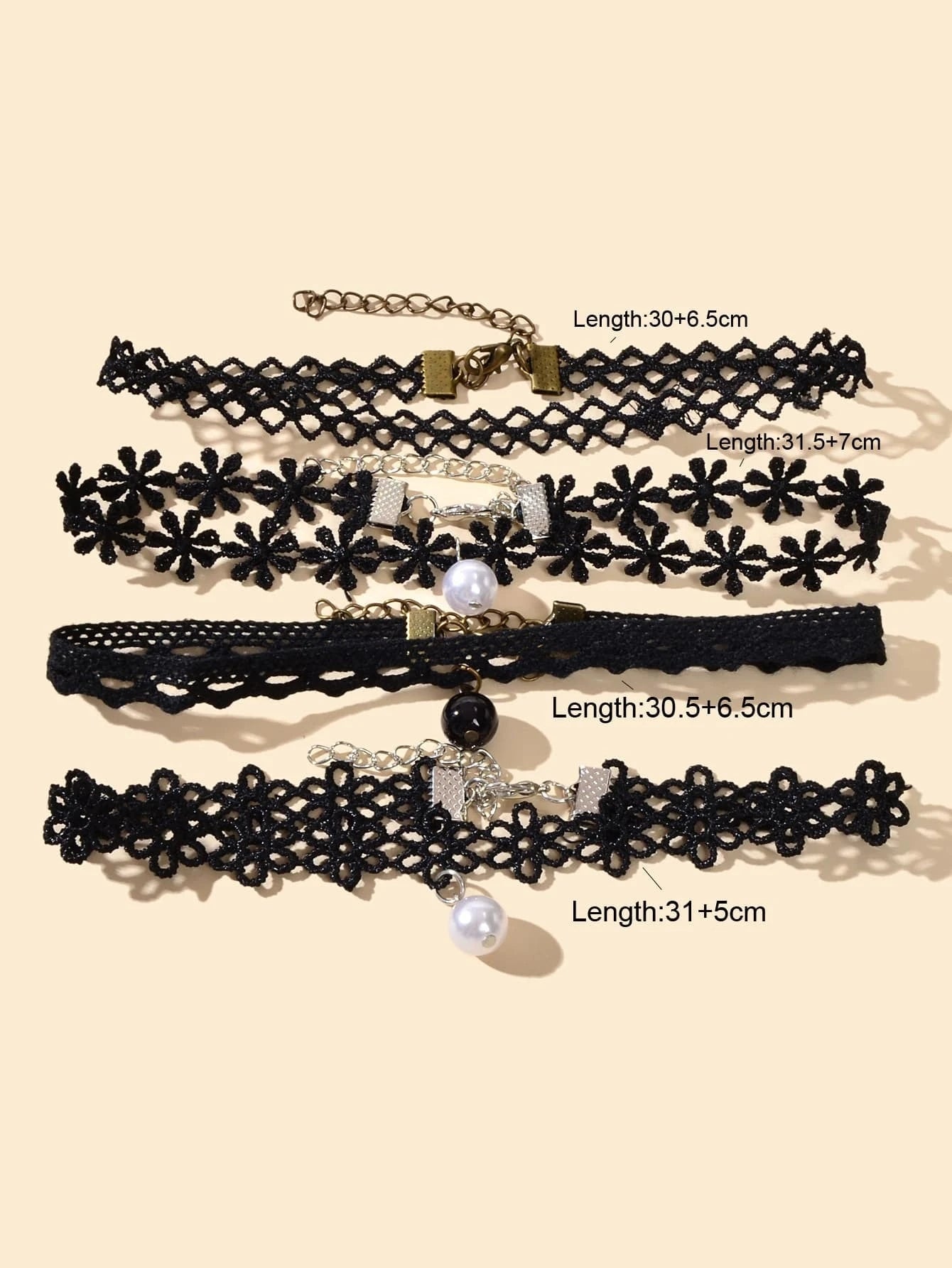 Black Elastic 4pcs Lace Flower Boho Gothic 90s Tattoo Choker Triangle Collar-3