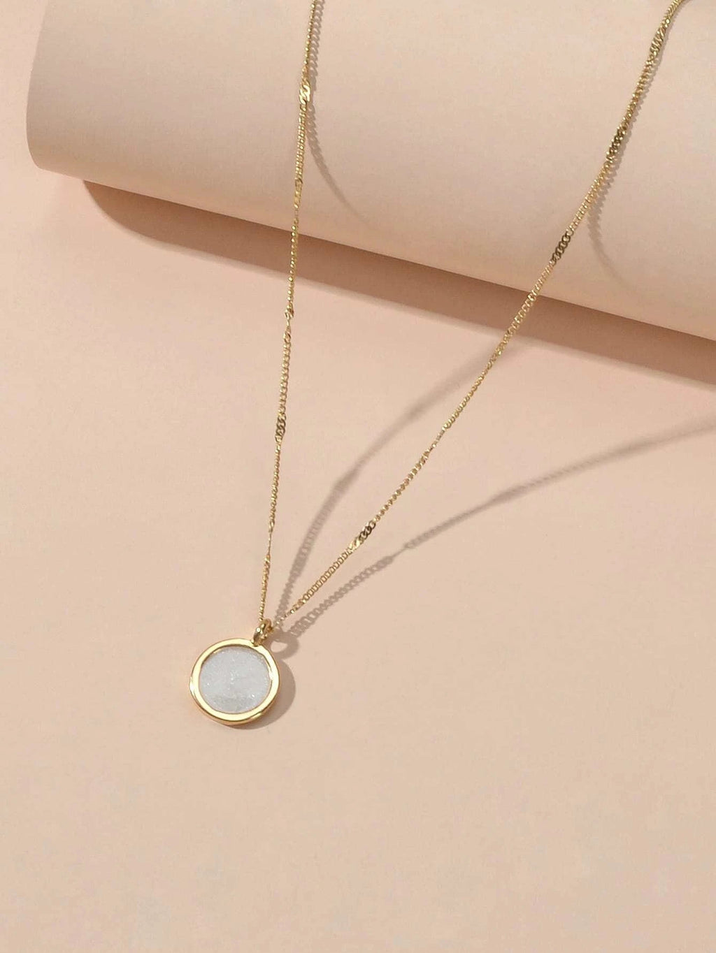 Textured Jewellery Gold Chain White Enamel Round Pendant Necklace Accessories