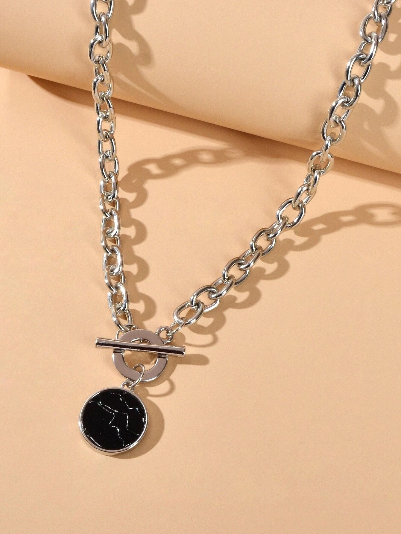 Punk Jewelry Chunky Silver Chain Black Marble Round Pendant Necklace Accessories-3