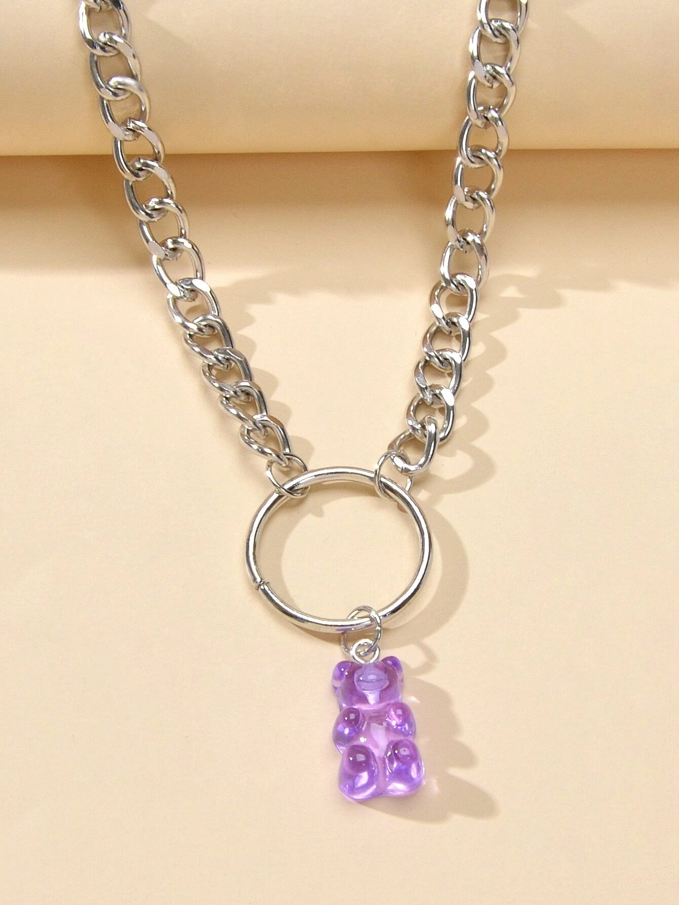 Lovely Jewellery Silver Chain Circle Purple Bear Pendant Necklace Accessories