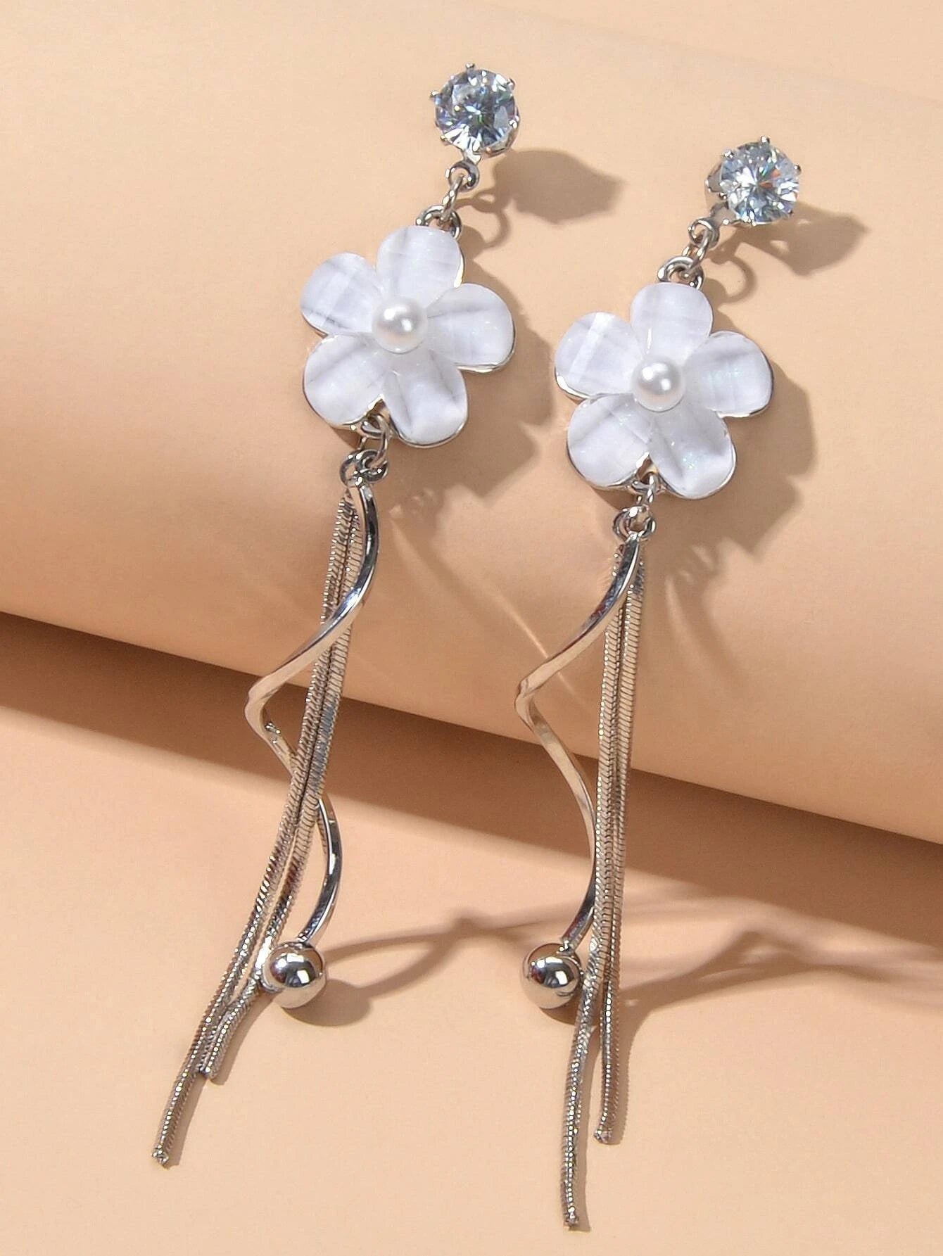 Fashion White Flower Silver Tassel Drop Dangle Earrings for Women Jewellery Gift-3
