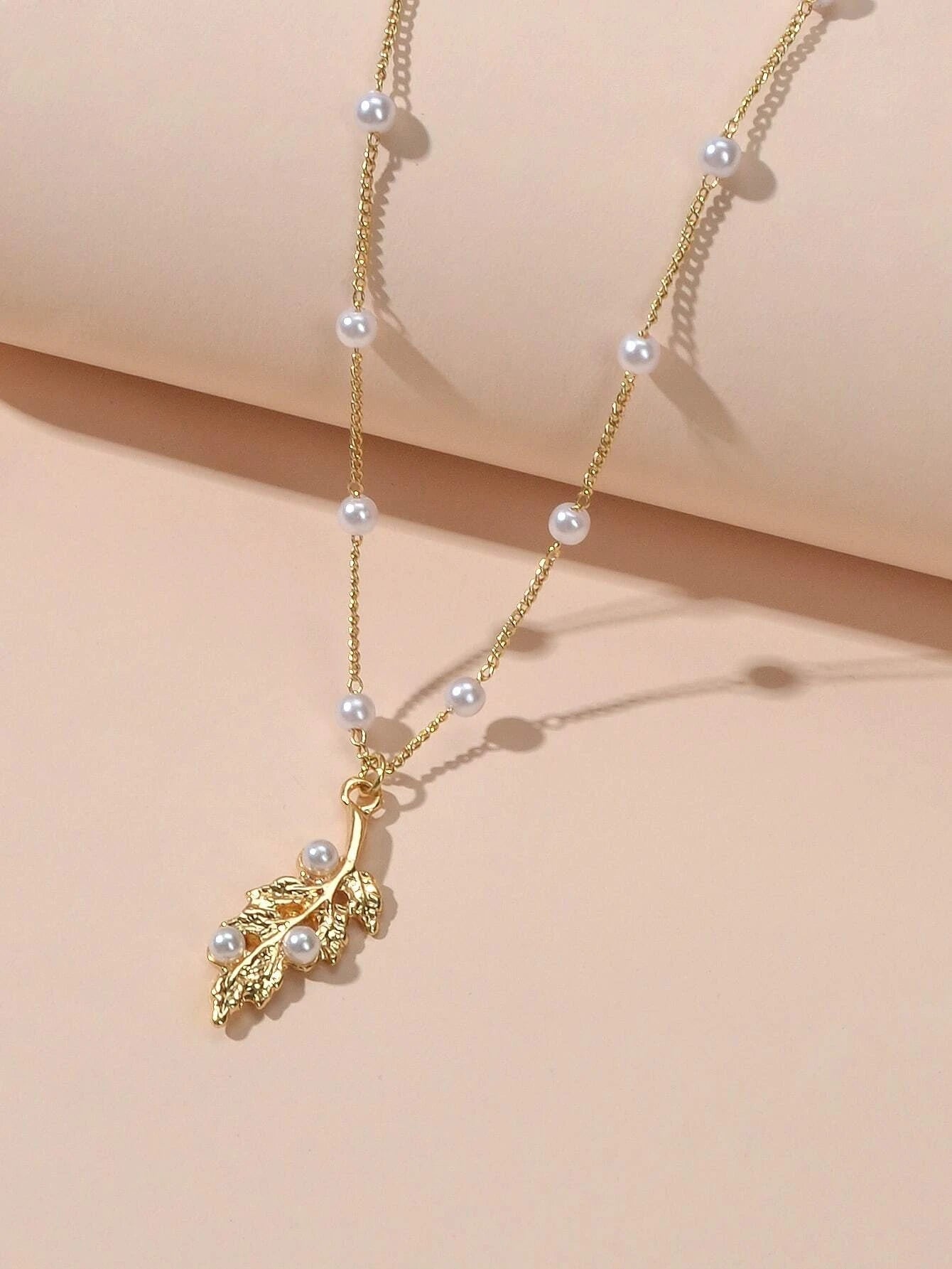 Feelontop Fashion Jewellery Pearl Gold Leaf Pendant Necklace Women Accessories-3