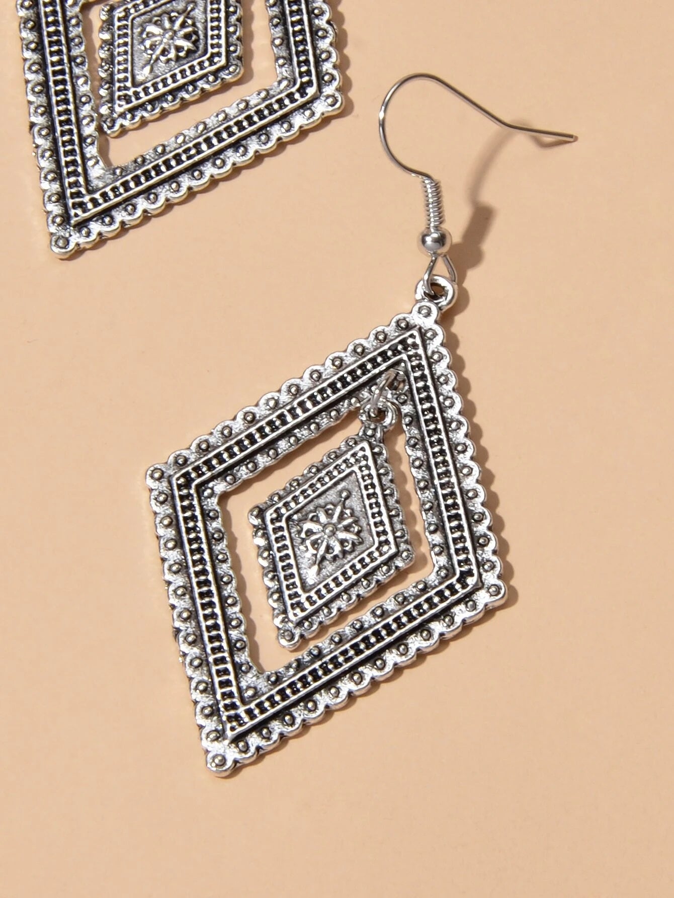 Tribal Ethnic Vintage Women Antique Silver Rhombus Geometric Dangle Earrings-4