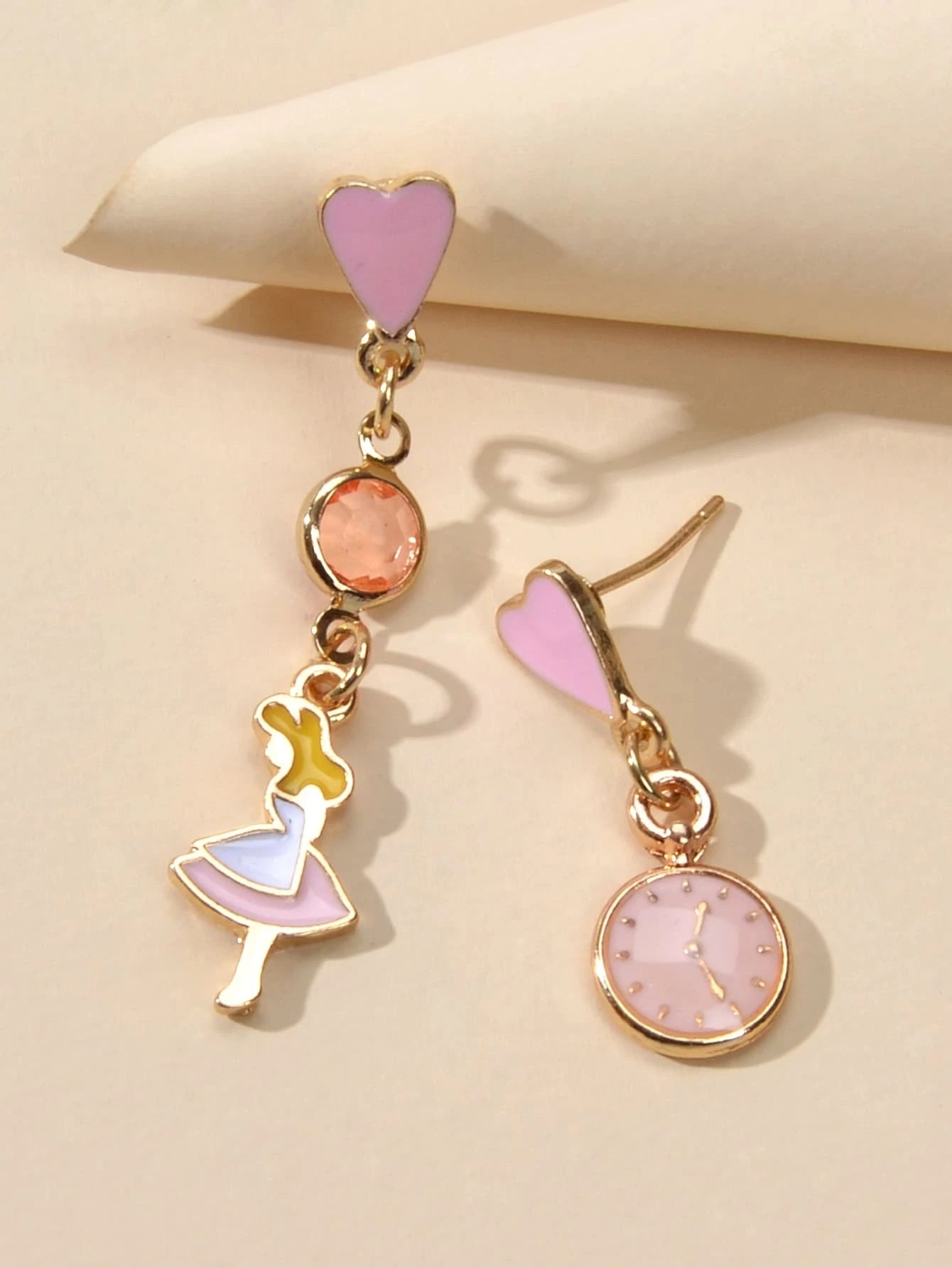 Cartoon Pink Heart Clock Dancer Asymmetric Drop Earrings Women Girls Dainty Gift-3