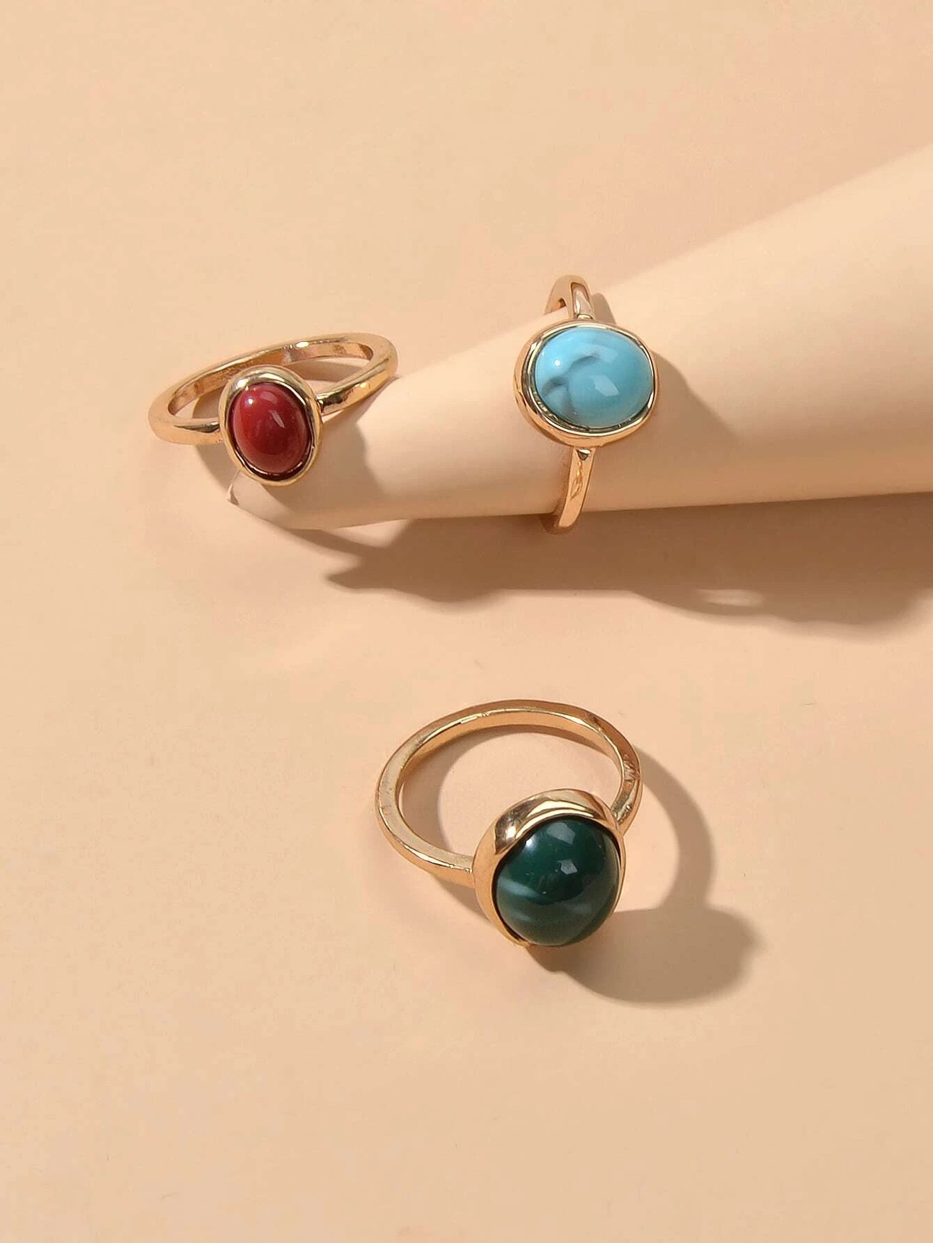 Feelontop 3pcs Tribal Ethnic Turquoise Colorful Dome Finger Ring Boho Jewellery-3