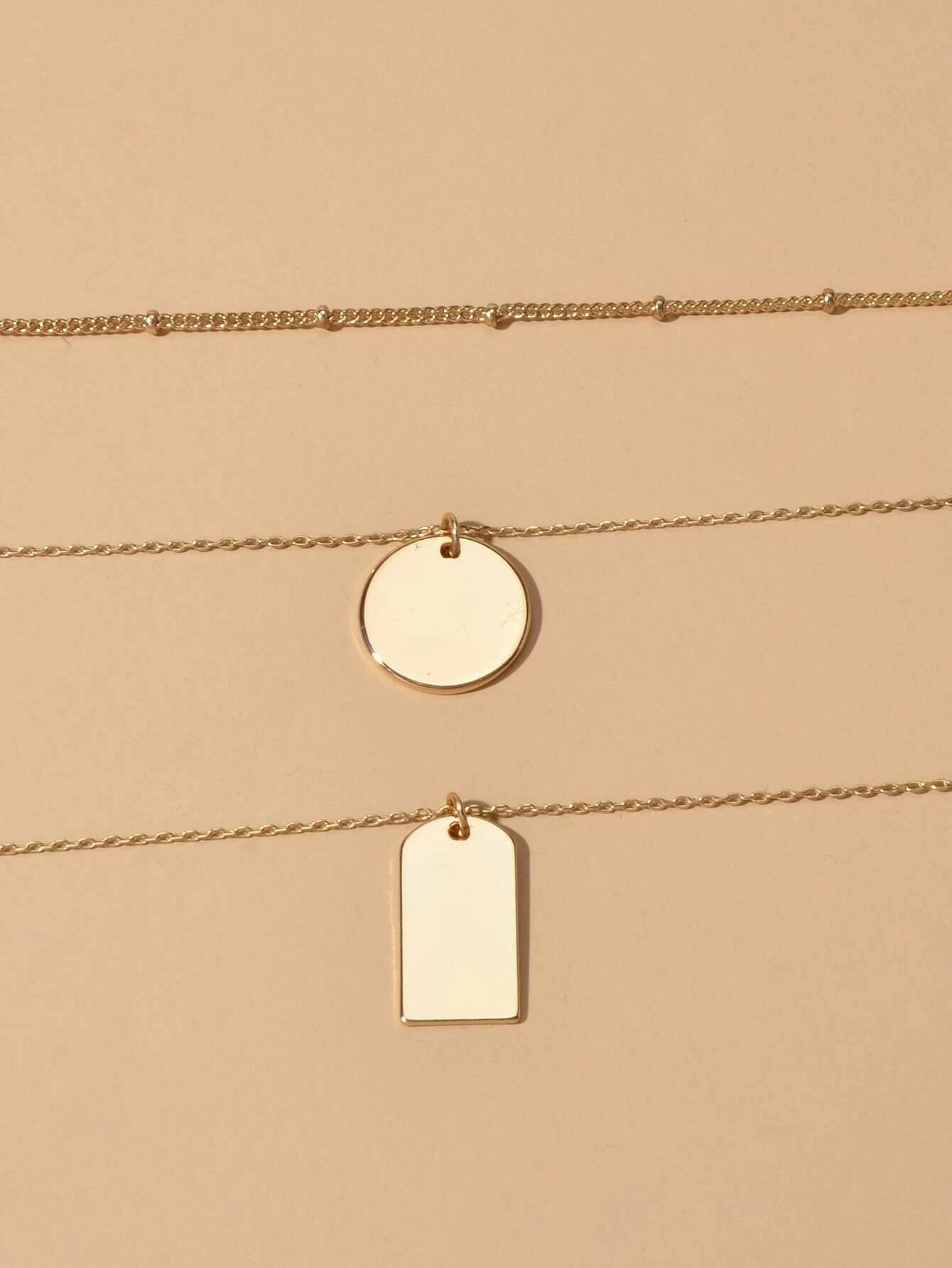 3pcs Multi-layer Gold Tone Chain Round Square Pendant Necklace Girls Teens Gift-4