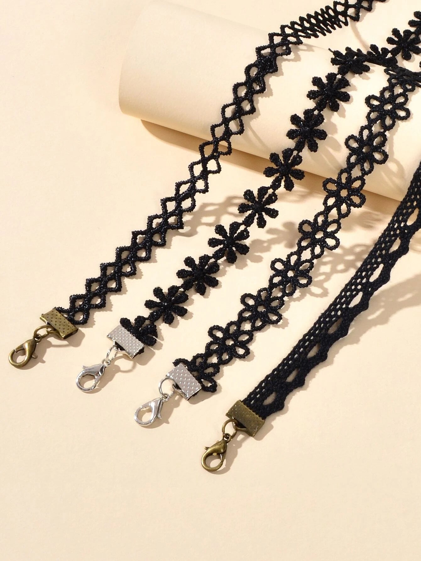 Black Elastic 4pcs Lace Flower Boho Gothic 90s Tattoo Choker Triangle Collar-4