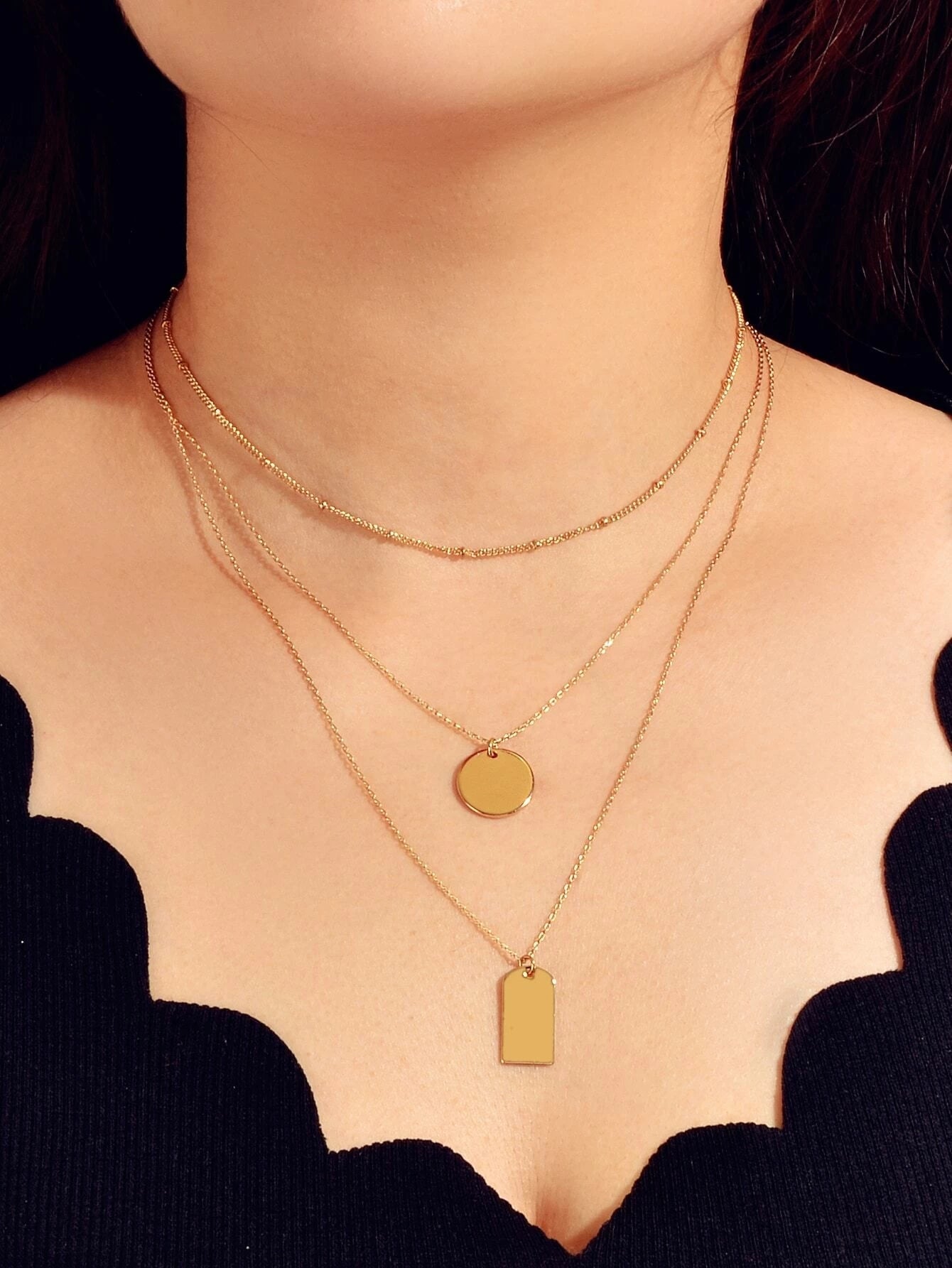 3pcs Multi-layer Gold Tone Chain Round Square Pendant Necklace Girls Teens Gift-0