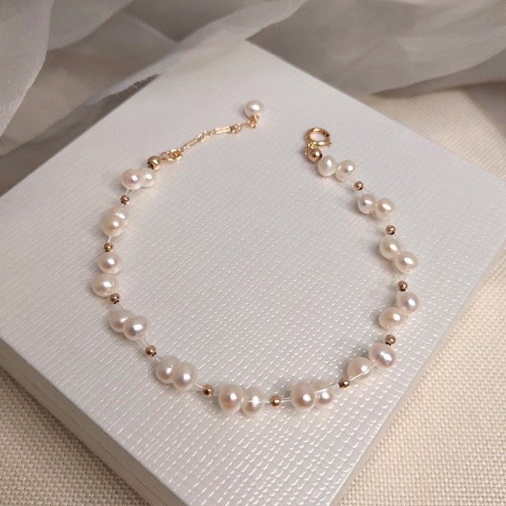 Designer Genuine White Freshwater Pearl Cluster Bracelet in Gold-3