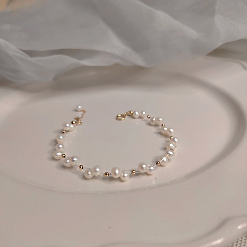 Designer Genuine White Freshwater Pearl Cluster Bracelet in Gold-2