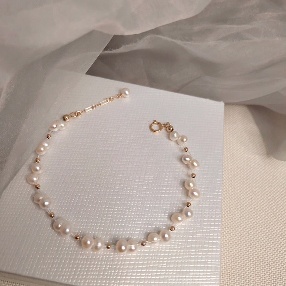 Designer Genuine White Freshwater Pearl Cluster Bracelet in Gold-0