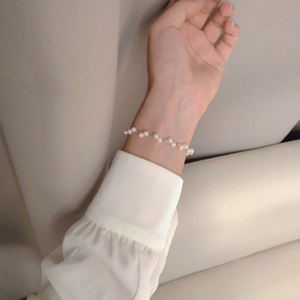 Designer Genuine White Freshwater Pearl Cluster Bracelet in Gold-1