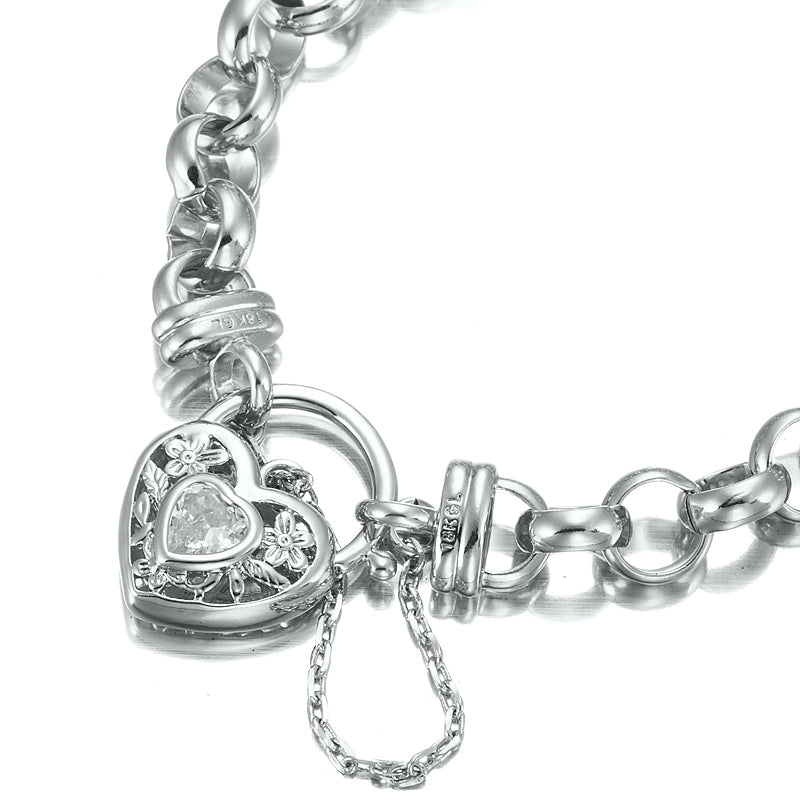 925 Sterling Silver Plated Belcher Chain Bracelet with a Filigree Locket Featuring a Simulated Diamond - USA Made-2