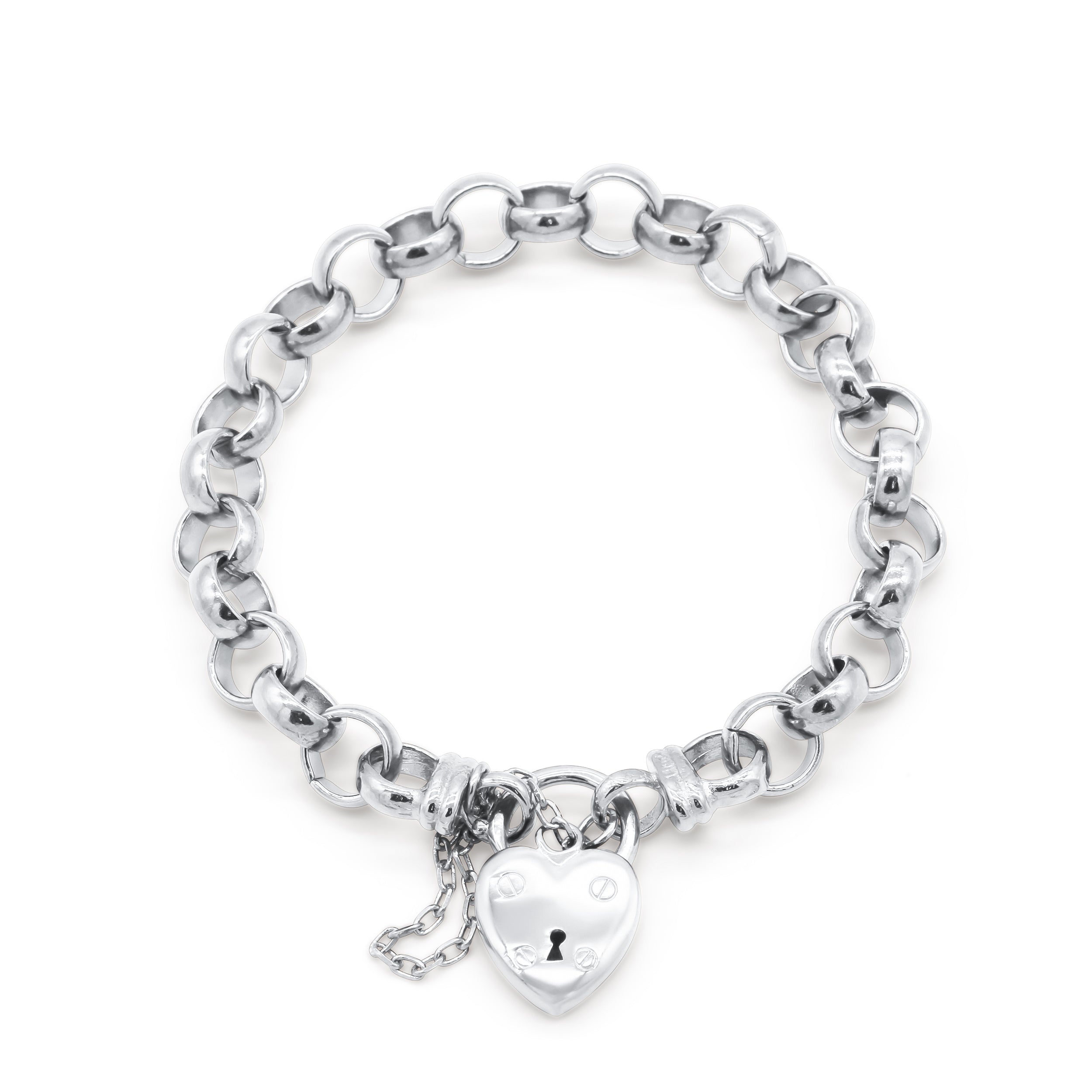 925 Sterling Silver Plated  10mm Belcher Chain Bracelet with a Small Plain Heart Locket - USA Made-2