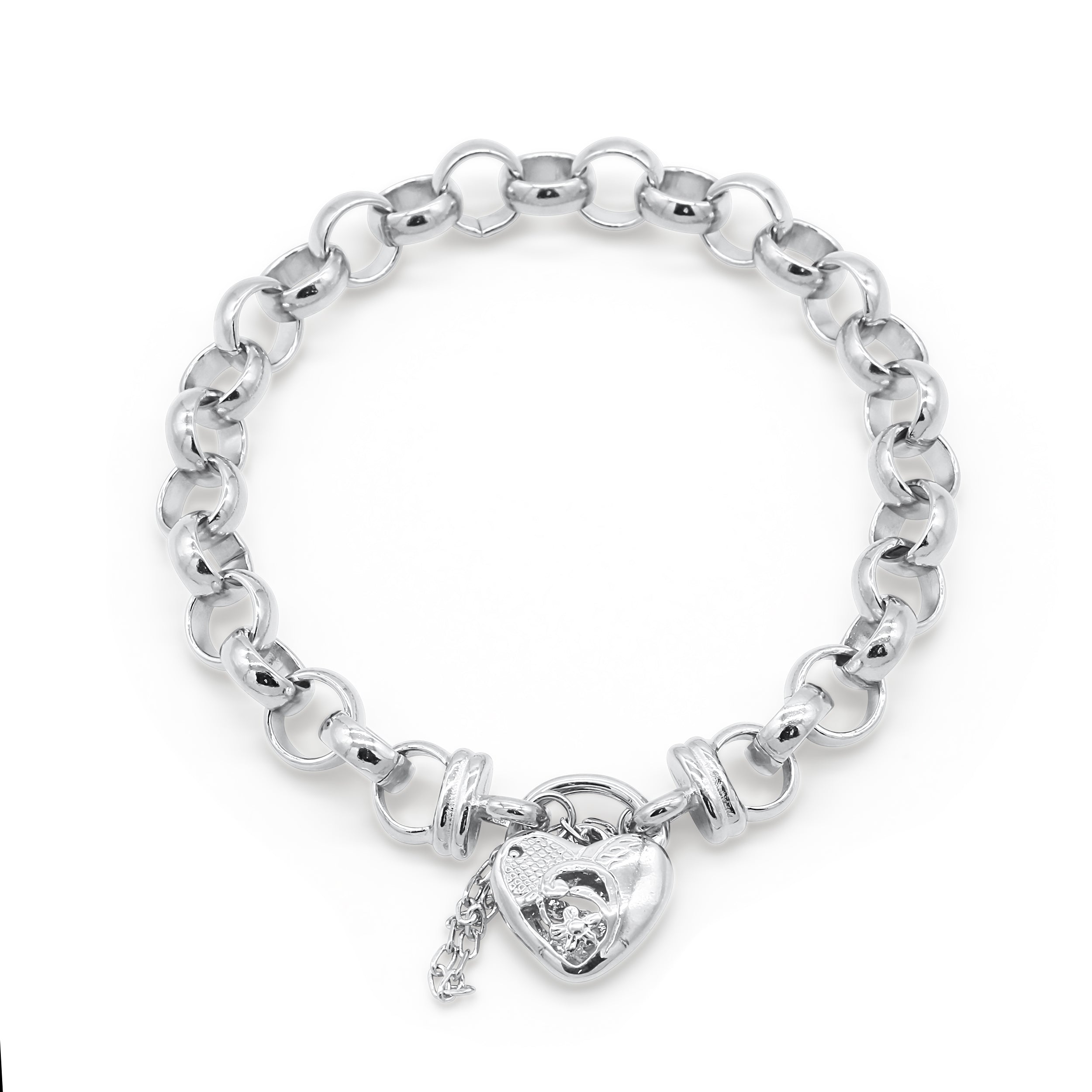 925 Sterling Silver Plated  10mm Belcher Chain Bracelet with a Vegas Heart Locket - USA Made