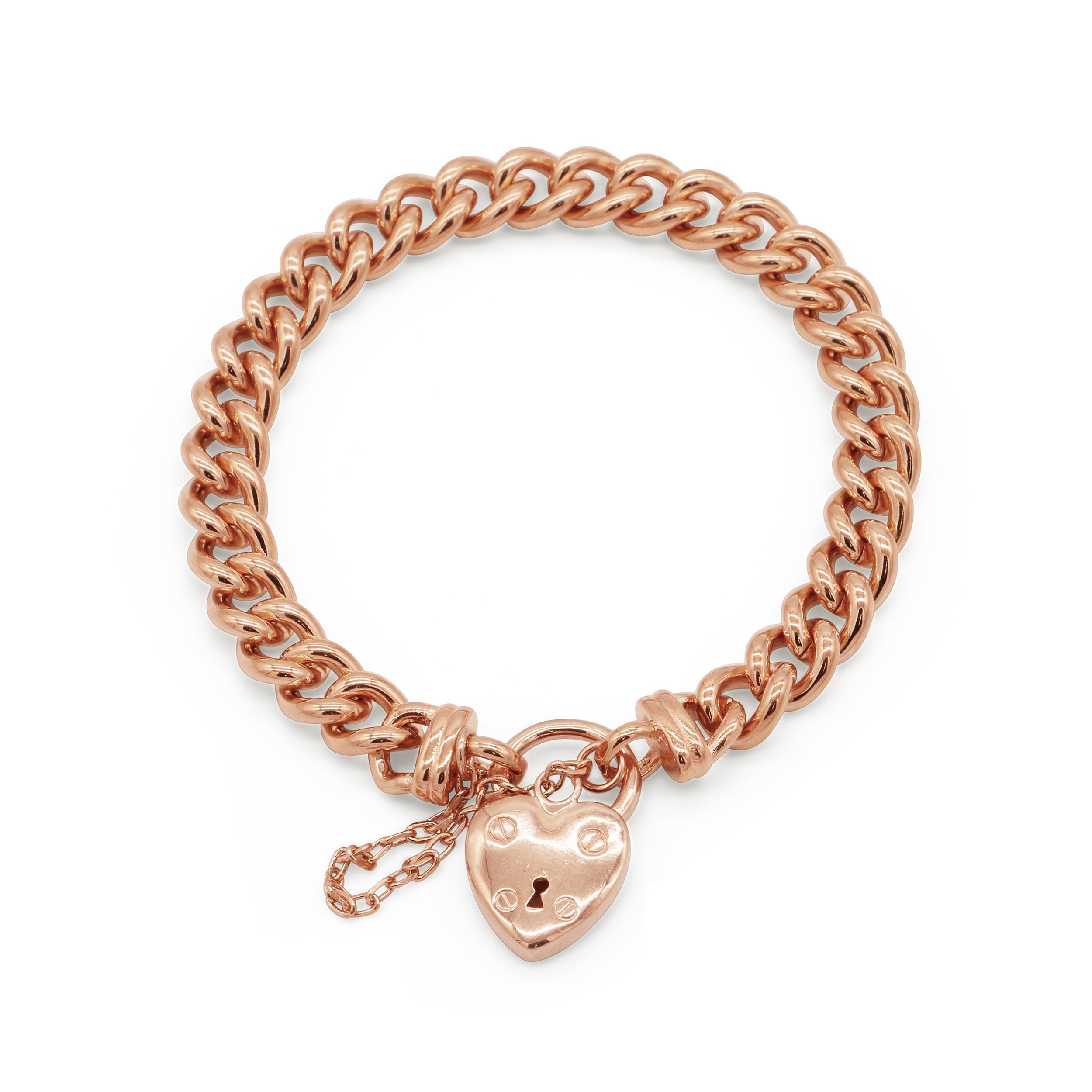 18ct Heavy Rose Gold Plated Euro Chain Bracelet with a Small Plain Heart Locket - USA Made-2