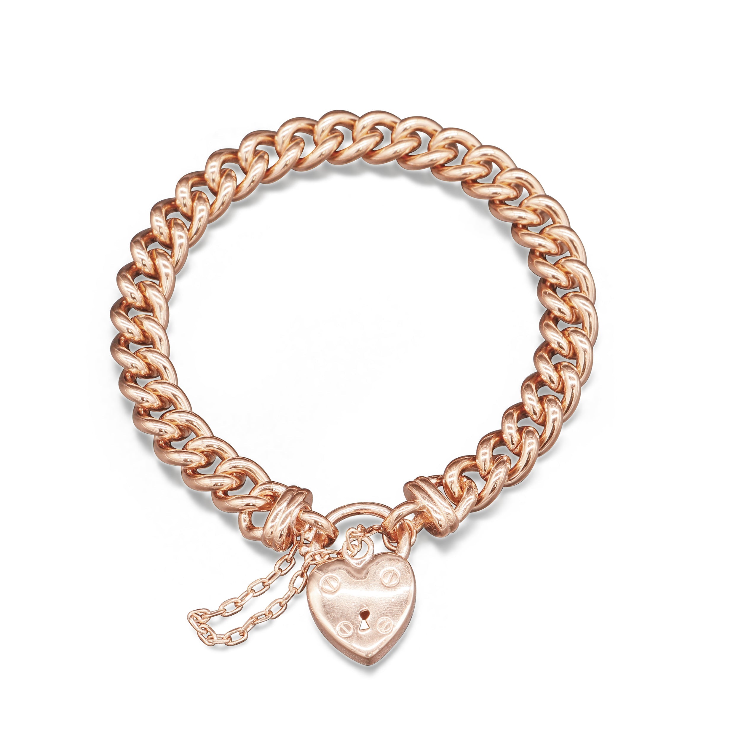 18ct Heavy Rose Gold Plated Euro Chain Bracelet with a Small Plain Heart Locket - USA Made-1
