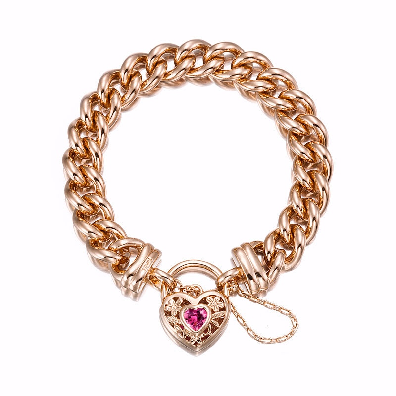 18ct Heavy Rose Gold Plated 12mm Euro Curb Chain Bracelet with a Pink Filigree Locket - USA Made-0