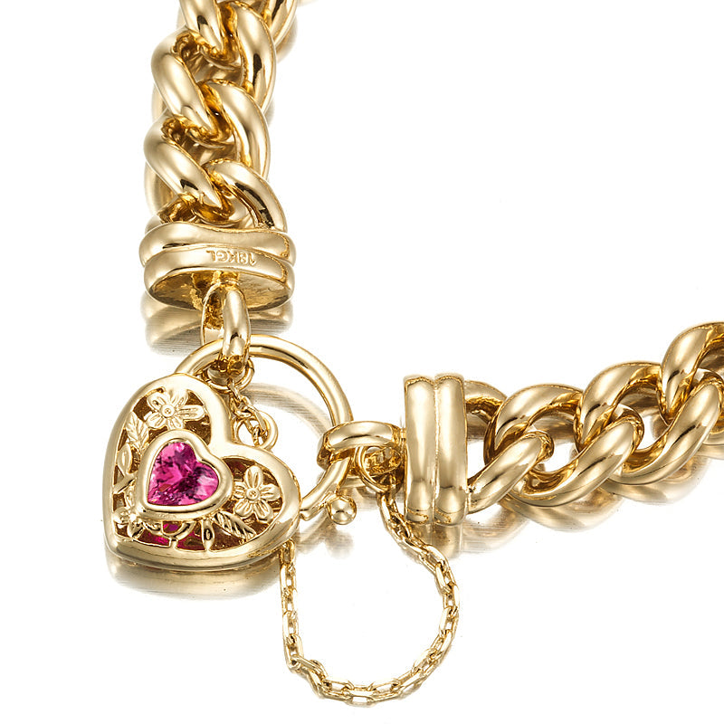 18ct Heavy Yellow Gold Plated 12mm Euro Curb Chain Bracelet with a Pink Filigree Locket - USA Made-2