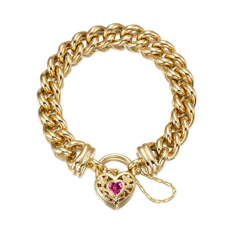 18ct Heavy Yellow Gold Plated 12mm Euro Curb Chain Bracelet with a Pink Filigree Locket - USA Made-0