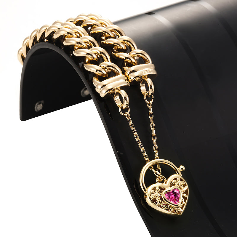 18ct Heavy Yellow Gold Plated 12mm Euro Curb Chain Bracelet with a Pink Filigree Locket - USA Made-1