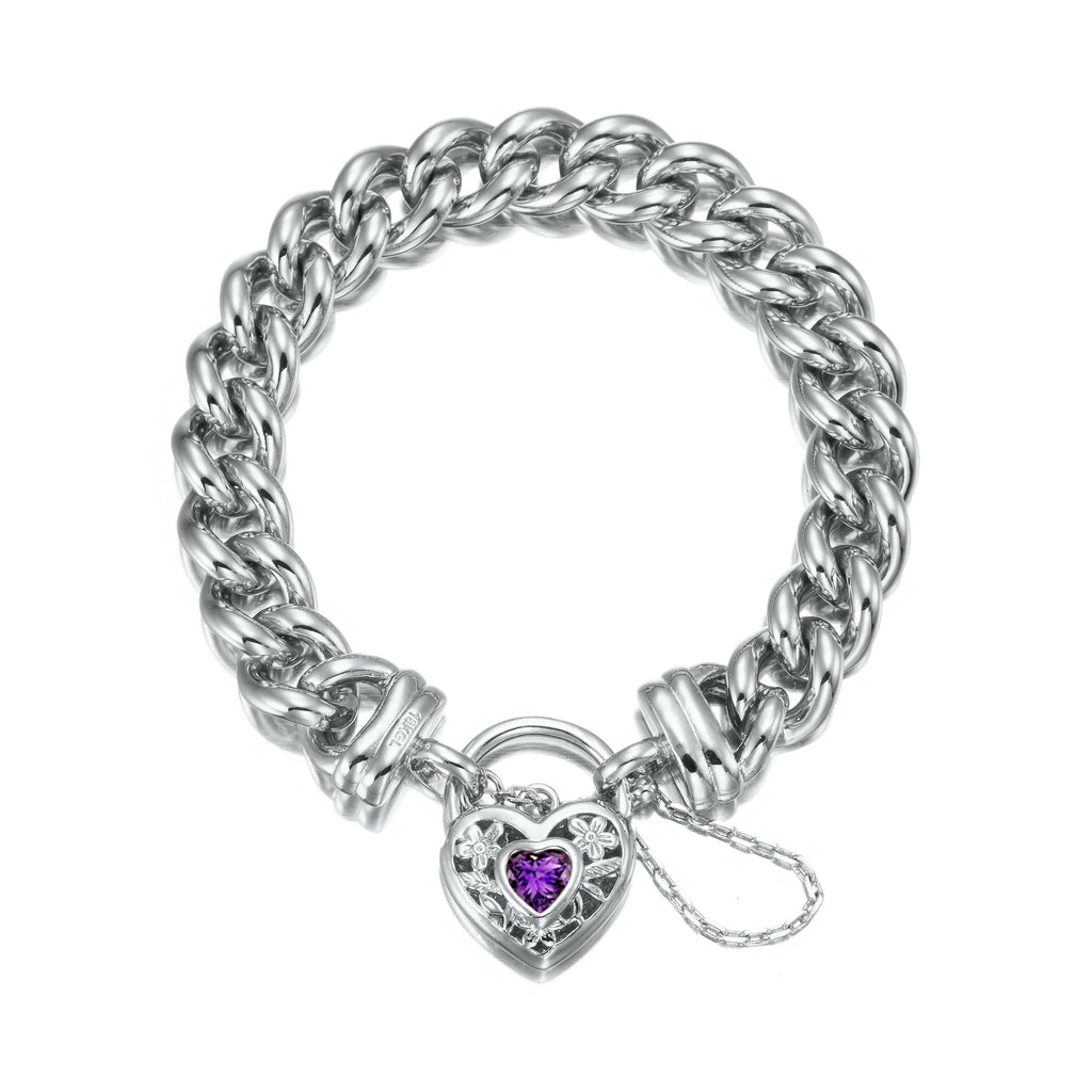 925 Sterling Silver Plated 12mm Euro Curb Chain Bracelet with a Purple Filigree Locket - USA Made-0