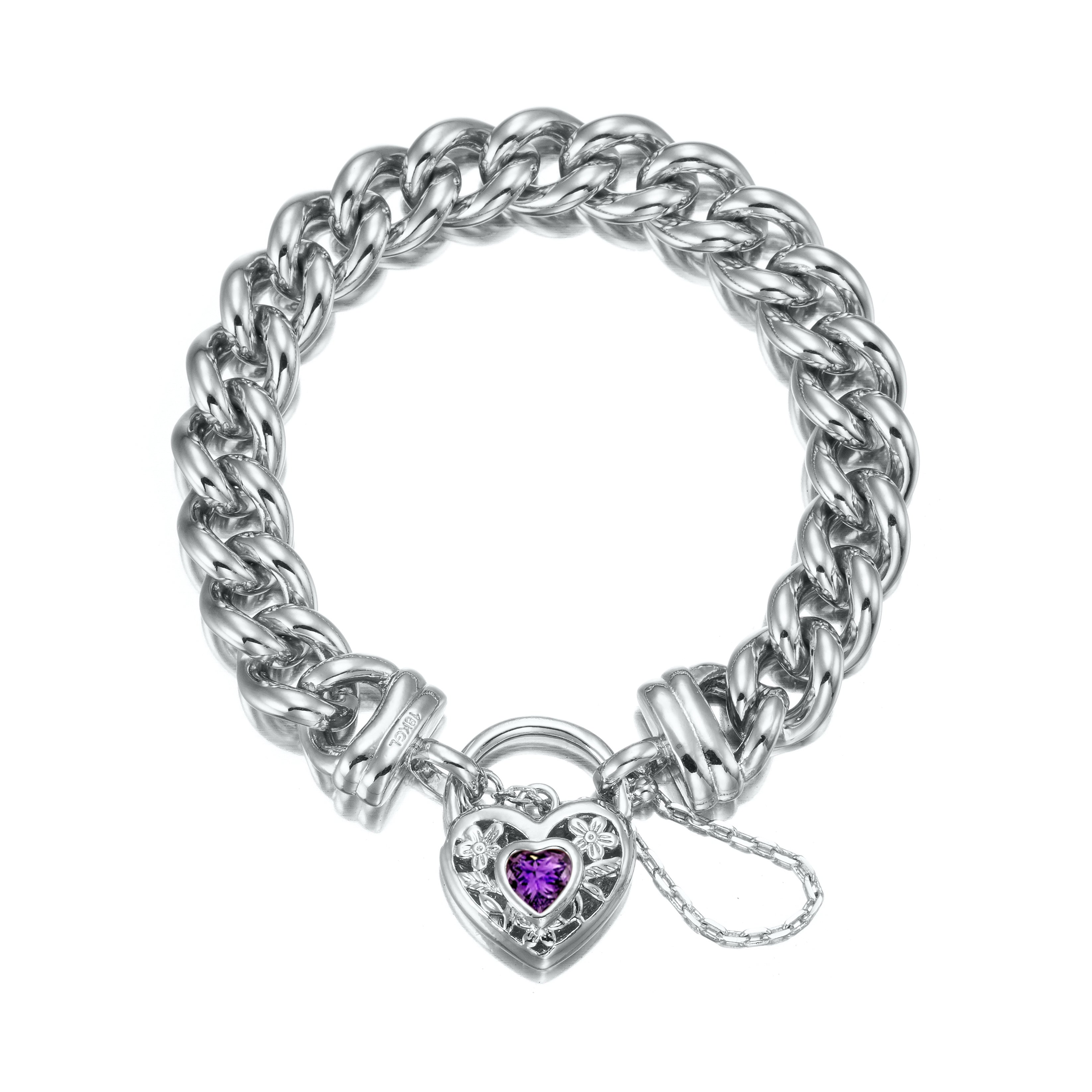 925 Sterling Silver Plated 12mm Euro Curb Chain Bracelet with a Purple Filigree Locket - USA Made-0