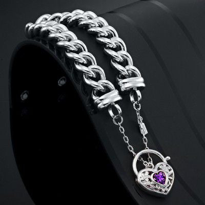 925 Sterling Silver Plated 12mm Euro Curb Chain Bracelet with a Purple Filigree Locket - USA Made-1