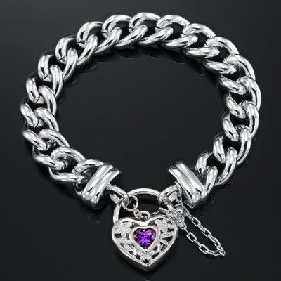 925 Sterling Silver Plated 12mm Euro Curb Chain Bracelet with a Purple Filigree Locket - USA Made-2