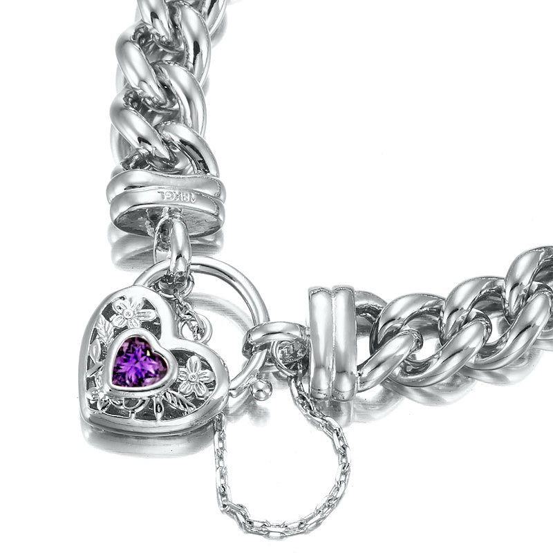 925 Sterling Silver Plated 12mm Euro Curb Chain Bracelet with a Purple Filigree Locket - USA Made-3