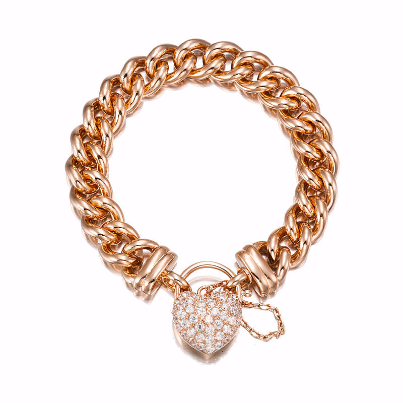 18ct Heavy Rose Gold Plated 12mm Euro Curb Chain Bracelet Featuring a Simulated Diamond Locket  - USA Made-0