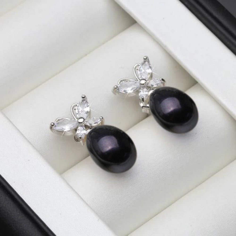 Genuine White Freshwater Pearl & Simulated Diamond Butterfly Stud Earrings-0