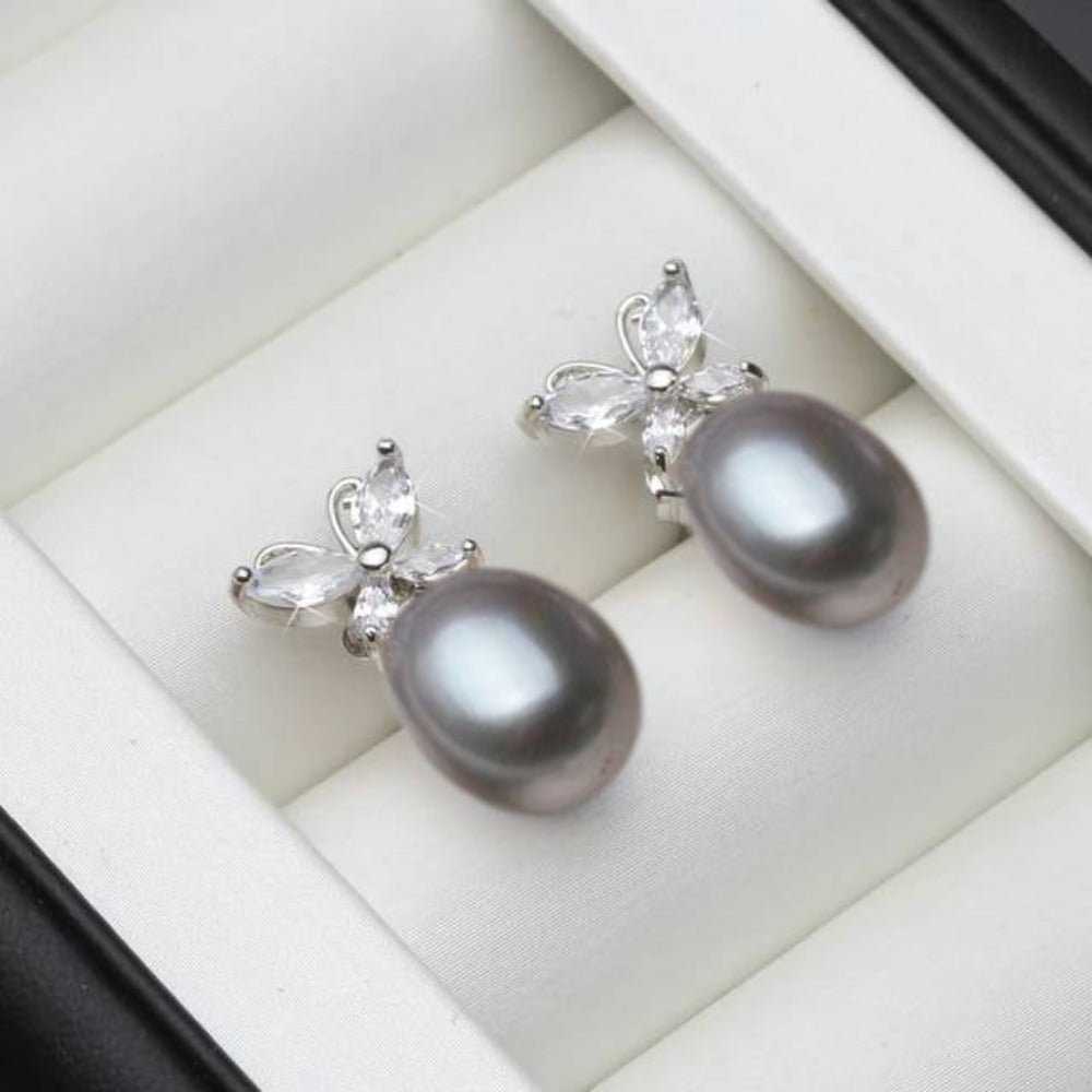 Genuine White Freshwater Pearl & Simulated Diamond Butterfly Stud Earrings-2