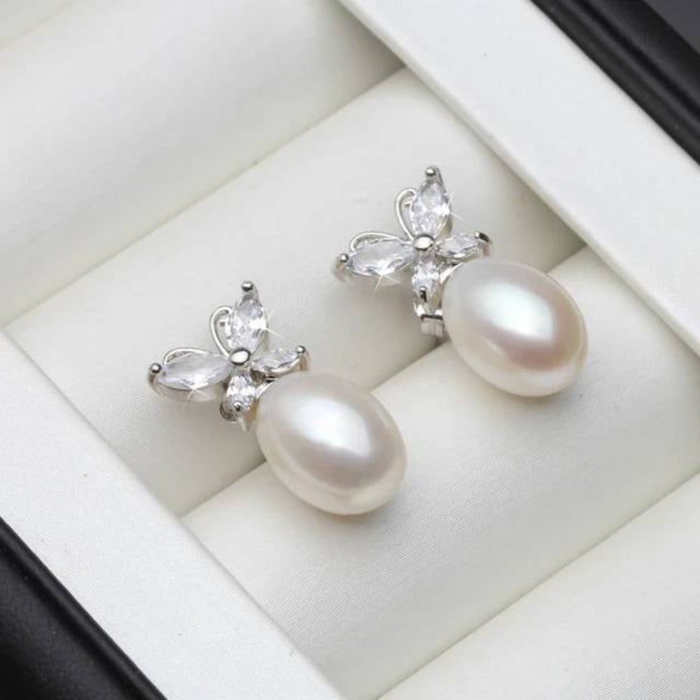 Genuine White Freshwater Pearl & Simulated Diamond Butterfly Stud Earrings-5