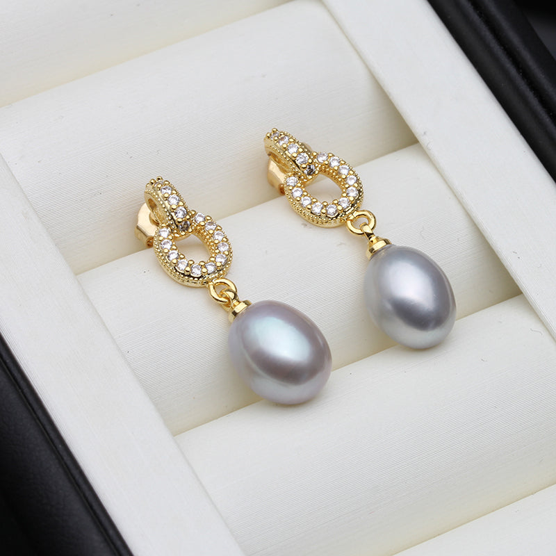 Designer White Freshwater Pearl Drop Earrings in Gold-1