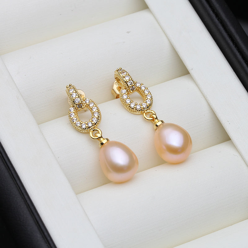 Designer White Freshwater Pearl Drop Earrings in Gold-2
