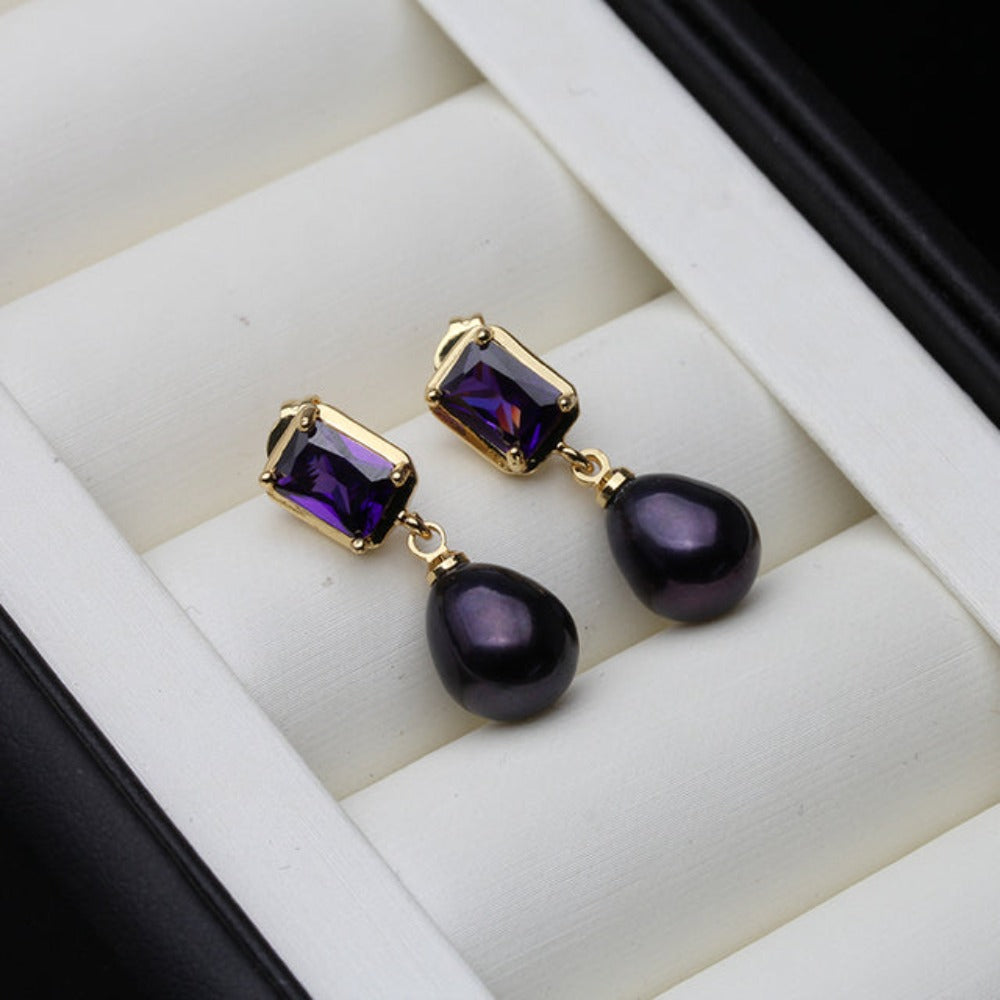 Genuine Freshwater Pearl Purple Rectangular Drop Earrings-0
