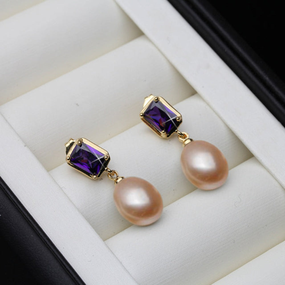 Genuine Freshwater Pearl Purple Rectangular Drop Earrings-2