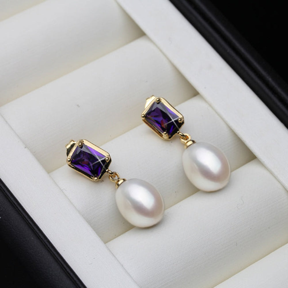 Genuine Freshwater Pearl Purple Rectangular Drop Earrings-3