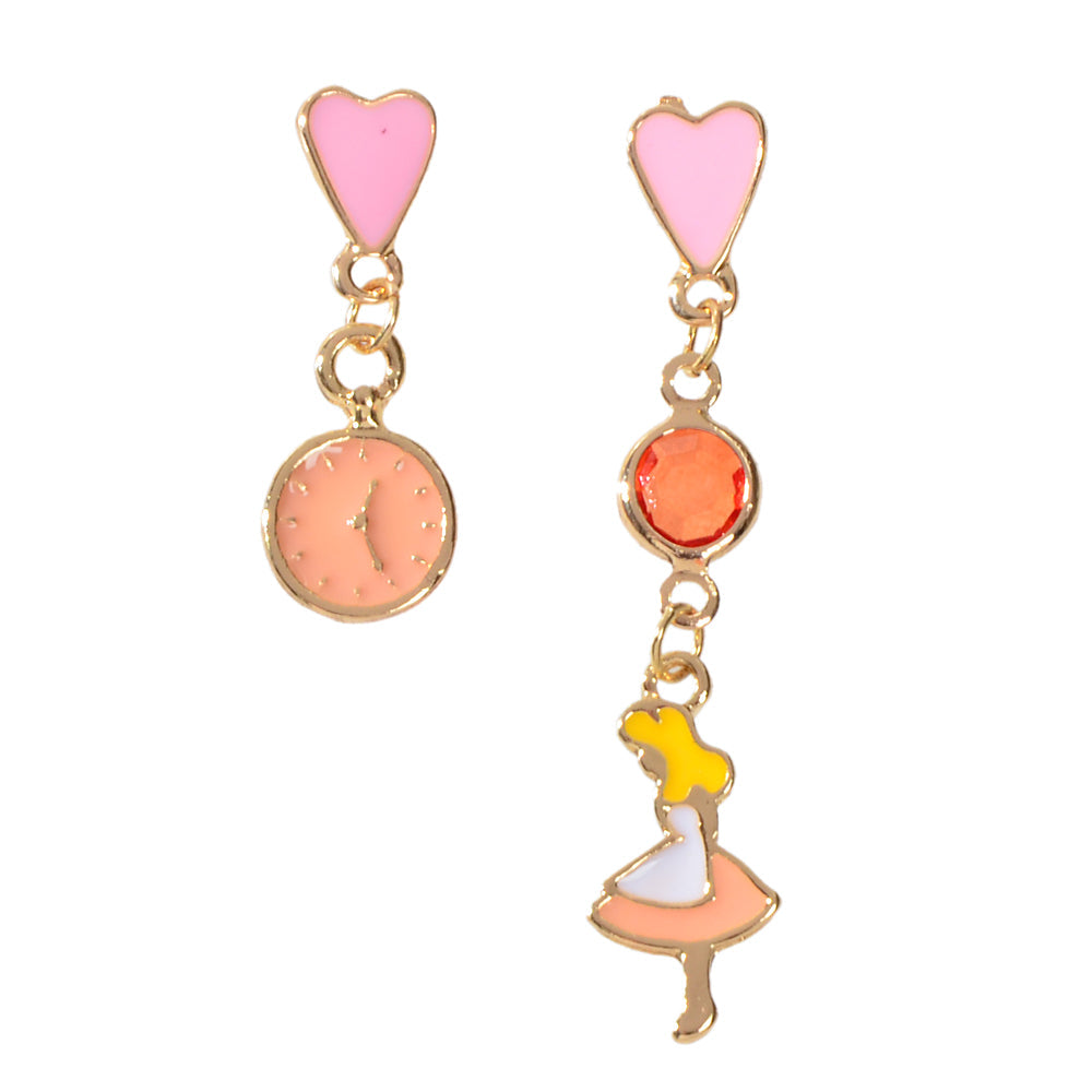 Cartoon Pink Heart Clock Dancer Asymmetric Drop Earrings Women Girls Dainty Gift-4