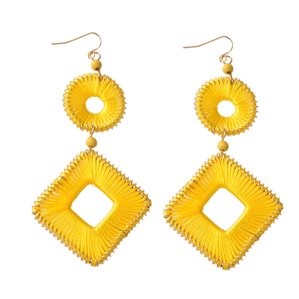 Ethnic India Jewelry Yellow Rope Braided Handmade Round Square Bohemian Earrings-3