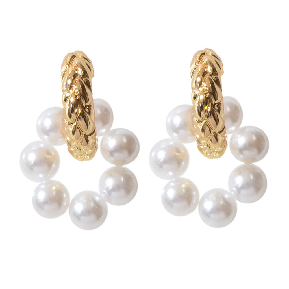 Wedding Engagement Gift Jewellery Gold Metal Pearl Hoop Stud Textured Earrings-3