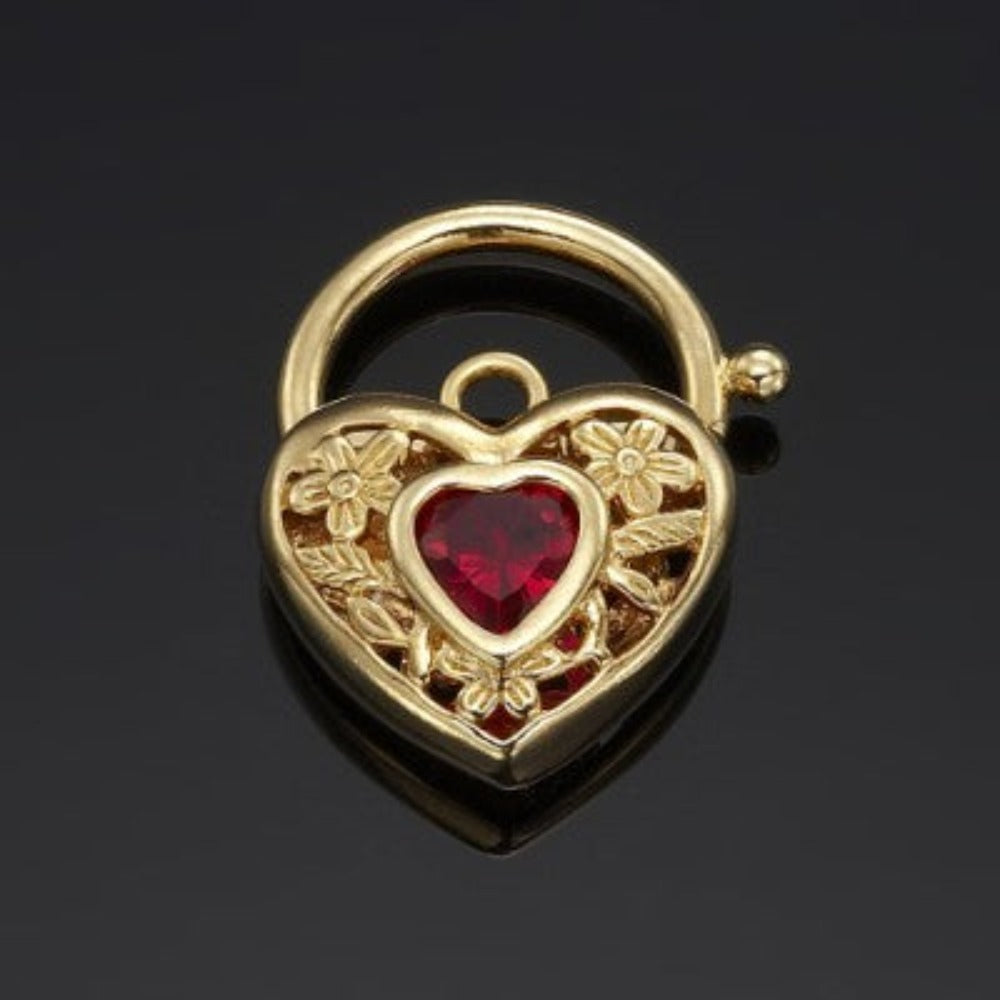 18ct Heavy Yellow Gold Plated Simulated Ruby Filigree Heart Locket - USA Made-0
