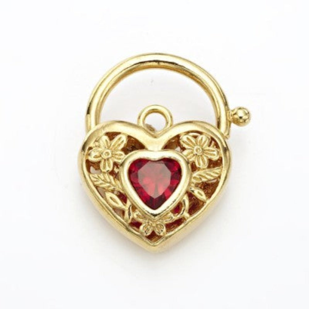 18ct Heavy Yellow Gold Plated Simulated Ruby Filigree Heart Locket - USA Made-1